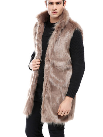 メンズウィンターオーバーコートブラウンノースリーブふわふわコートターンダウンカラーフェイクファーコート