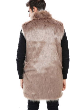 メンズウィンターオーバーコートブラウンノースリーブふわふわコートターンダウンカラーフェイクファーコート