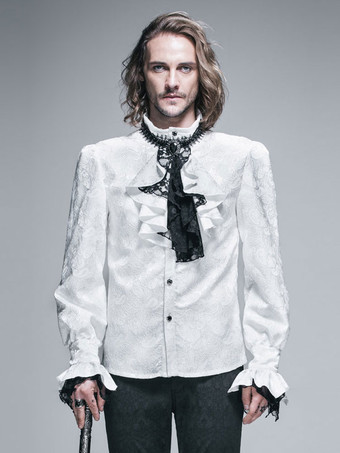Chemises Gothiques Hommes Déguisements Halloween Costume Haut Blanc Manches Longues Volants Dentelle Rétro Blouses