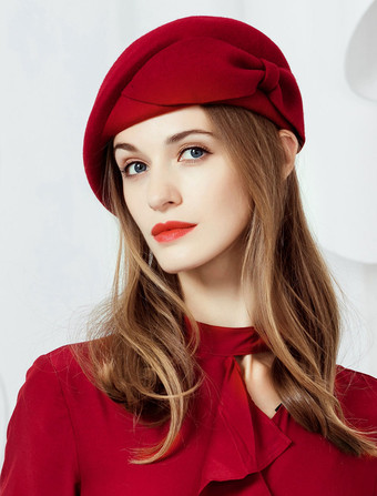 ウールの帽子レトロベレーの帽子女性のバーガンディの帽子の弓ヴィンテージのヘッドピース