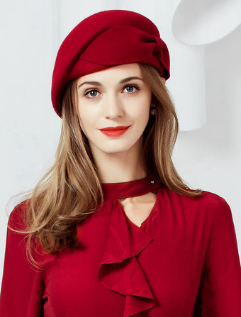 Chapeau de laine rétro béret femmes chapeau bourgogne arcs vintage coiffes Déguisements Halloween
