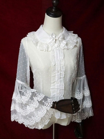 Camicia Lolita classica in chiffon bianco con maniche in pizzo a pois e volant