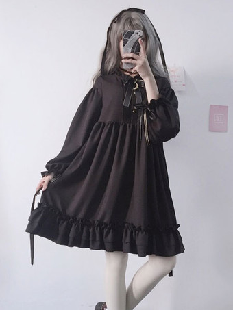 Süßes Lolita OP-Kleid, schwarze Rüschen, Bowknots, täglich lässiges Lolita-Einteilerkleid