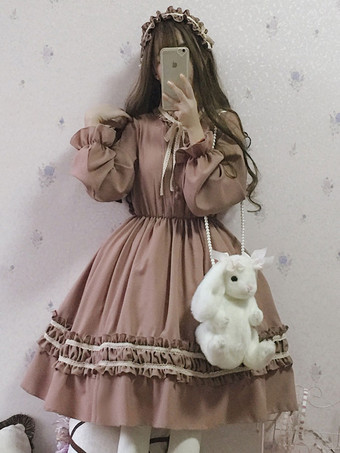 ライトブラウンクラシックロリータOPドレスボウラッフルツートンロリータワンピースドレス