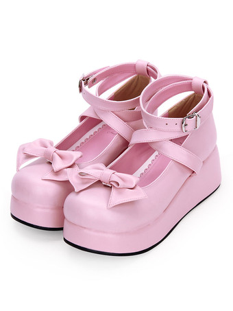 ピンクスウィートロリータポンプボウストラッピープラットフォーム白ロリータシューズ