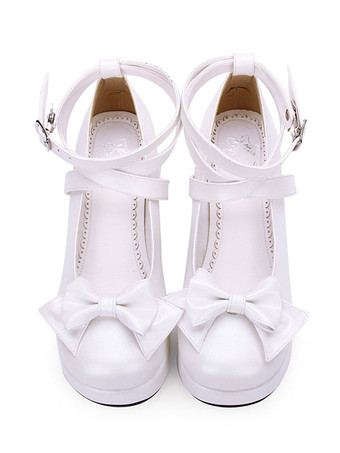 スウィートロリータポンプボウストラッピープラットフォーム白ロリータシューズ