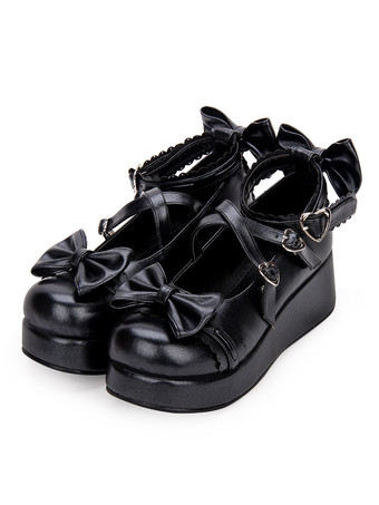 ブラック スウィートロリータシューズボウストラップバックルプラットフォームPUロリータシューズ
