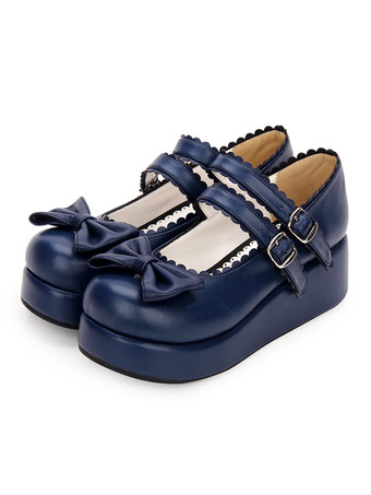 ディープブルー【安心保証】スウィートロリータシューズボウフリルストラッピーバックルプラットフォームPUロリータシューズ