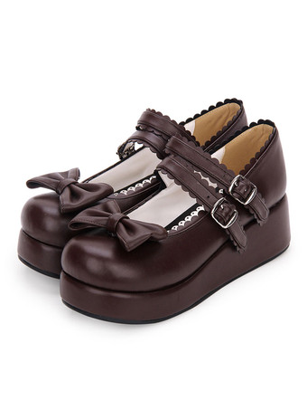 ブラウン 【安心保証】スウィートロリータシューズボウフリルストラッピーバックルプラットフォームPUロリータシューズ