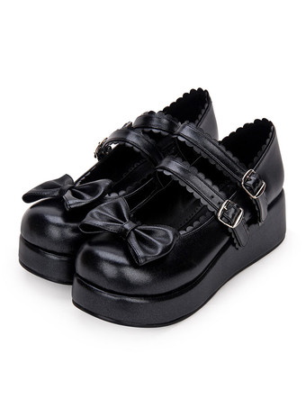 ブラック 【安心保証】スウィートロリータシューズボウフリルストラッピーバックルプラットフォームPUロリータシューズ