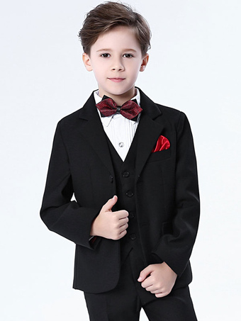 リングベアラーの服の男の子の結婚式のスーツブラックタキシードの子供のフォーマルな服の5つのピース