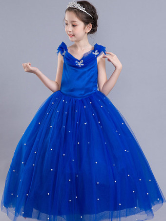 Vestido de niña de flores azul real para niñas pequeñas Vestido de fiesta de desfile de niños con cuentas de princesa