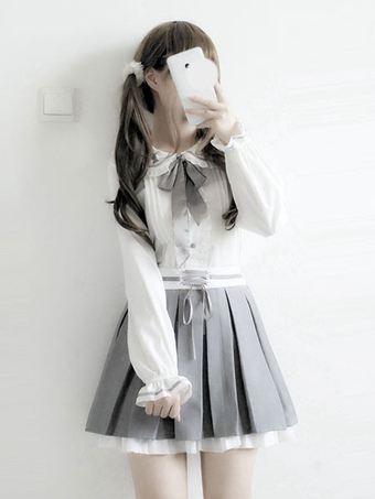 Classic Lolita Outfit Bow Frill Lolita Blouse With Pleated Skirt