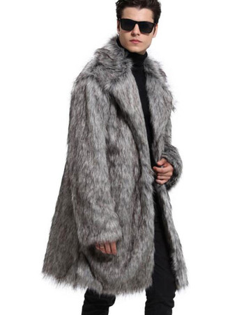 フェイクファーコートグレーファジーコートターンダウンカラーメンズカジュアルウィンターオーバーコート