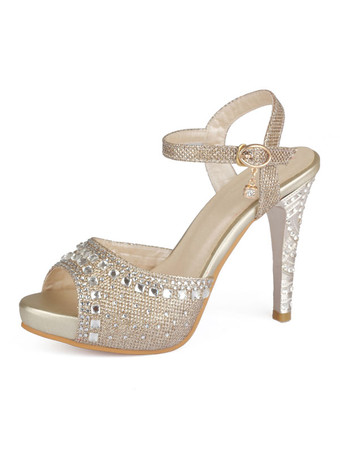 Gold Evening Shoes Women Peep Toe Rhinestones High Heel Sandals Mother Of The Bride Shoes