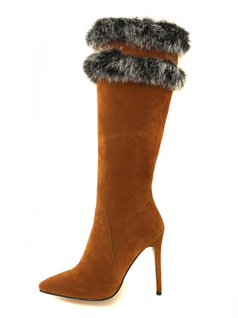 ニーハイブーツ レディース マイクロスエード フェイクファー ポインテッドトゥ スティレットヒール 冬用ブーツ