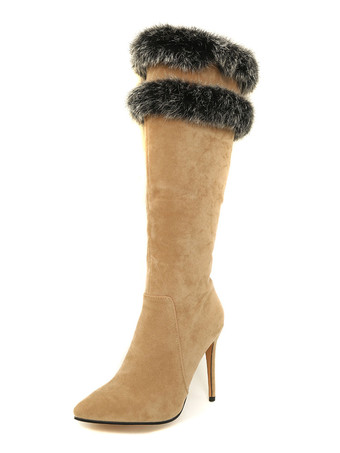 ラクダ色 ニーハイブーツ レディース マイクロスエード フェイクファー ポインテッドトゥ スティレットヒール 冬用ブーツ
