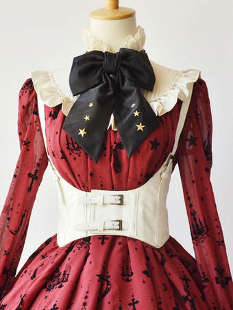 ホワイト スチームパンクゴシックブラックロリータコルセットメタリックバックルPUロリータビスチェドレア