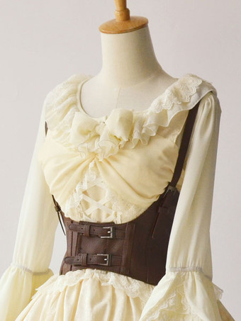 ブラウン スチームパンクゴシックブラックロリータコルセットメタリックバックルPUロリータビスチェドレア