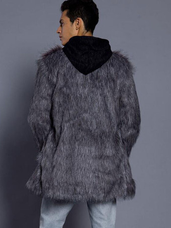 グレーファジーコートフェイクファーメンズウィンターオーバーコート