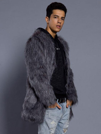 グレーファジーコートフェイクファーメンズウィンターオーバーコート