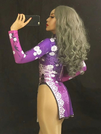 ジャズダンスコスチューム女性プリント長袖スプリットカットアウトセクシードレス