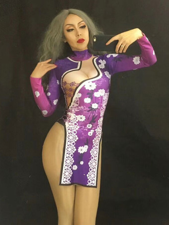 パープル ジャズダンスコスチューム女性プリント長袖スプリットカットアウトセクシードレス