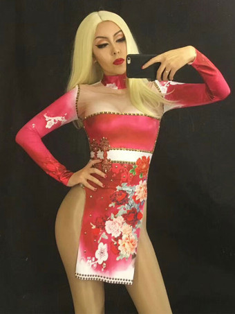 レッドジャズダンスコスチューム女性プリント長袖スプリットカットアウトセクシードレス