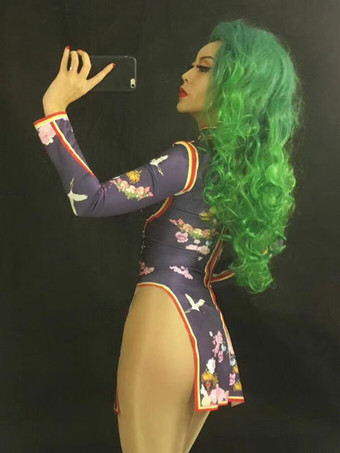 ジャズダンスコスチューム女性プリント長袖スプリットカットアウトセクシードレス