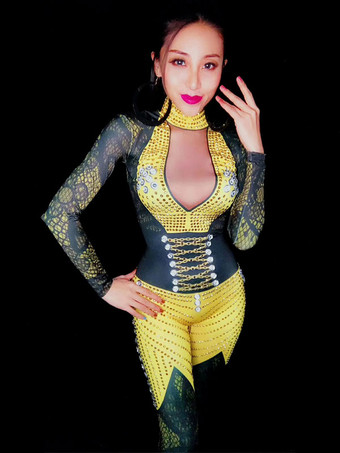 女性用ジャズダンスコスチュームイエローロングスリーブVネックセクシーコスチューム