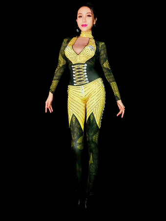 女性用ジャズダンスコスチュームイエローロングスリーブVネックセクシーコスチューム