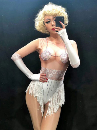 Jazz Dance Costume   Women Sexy White Long Sleeve Illusion Night Club Wear Jumpsuit