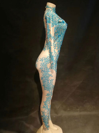 ジャズダンスコスチュームセクシーな女性青長袖ビーズのジャンプスーツ