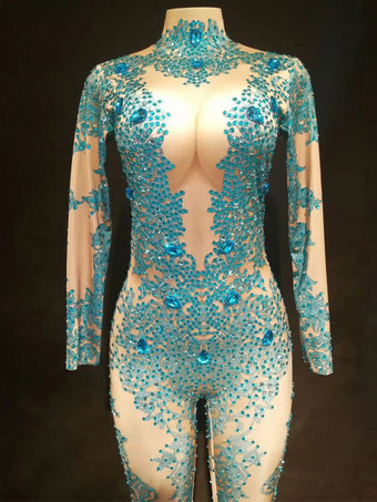 ジャズダンスコスチュームセクシーな女性青長袖ビーズのジャンプスーツ