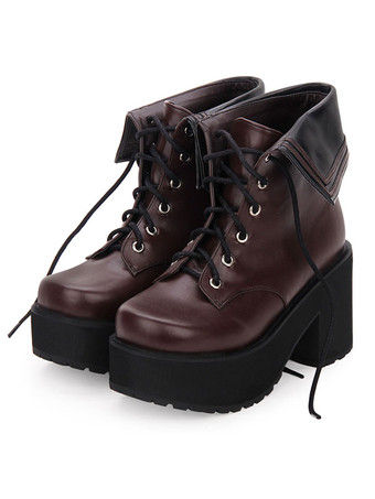 ブラウン ロリータブーツ ラウンドトゥプ クラシック ラットフォーム ロリータシューズ