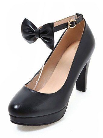 ブラック クラシックロリータポンプボウアンクルストラッププラットフォームロリータヒール
