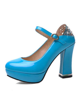 クラシックロリータポンプラインストーンはアンクルストラップをカット特許PUプラットフォームチャッキーヒールロリータシューズ