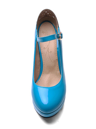 クラシックロリータポンプラインストーンはアンクルストラップをカット特許PUプラットフォームチャッキーヒールロリータシューズ