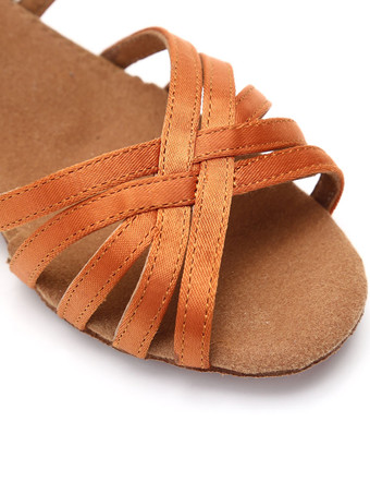 女性用 社交ダンスラテンシューズ 絹織物 オープントゥ 3.5cm ブラウン クリスクロス エレガント サルサダンスシューズ