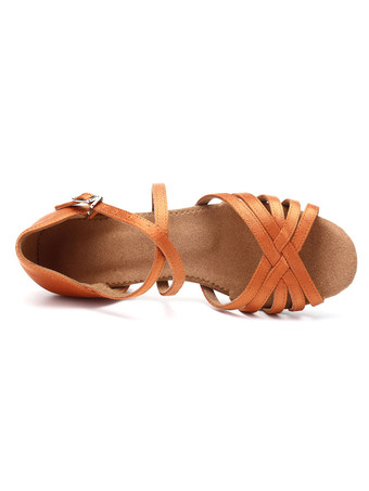 女性用 社交ダンスラテンシューズ 絹織物 オープントゥ 3.5cm ブラウン クリスクロス エレガント サルサダンスシューズ