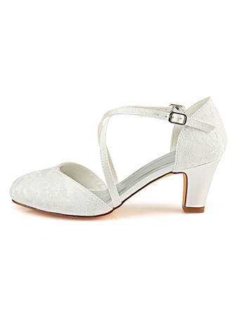 ヴィンテージウェディングシューズアイボリーレースラウンドトゥクリスクロスブライダルシューズ