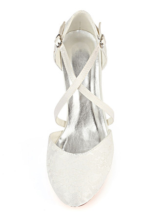 ヴィンテージウェディングシューズアイボリーレースラウンドトゥクリスクロスブライダルシューズ