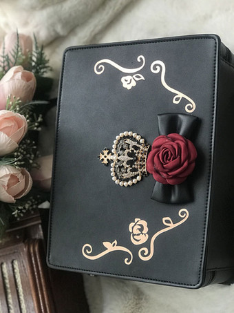 ブラック クラシックロリータハンドバッグラインストーンフラワーPUブラックロリータバッグ