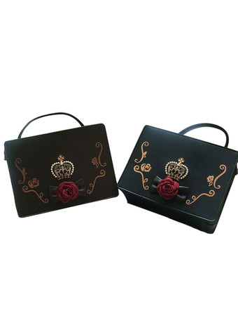 クラシックロリータハンドバッグラインストーンフラワーPUブラックロリータバッグ