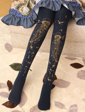 ダークネイビーベルベットロリータパンティストッキングスタークラゲホットスタンプ冬ロリータストッキング