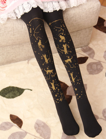 ブラック ベルベットロリータパンティーストッキングスターキャットホットスタンプ600Dロリータウィンターストッキング