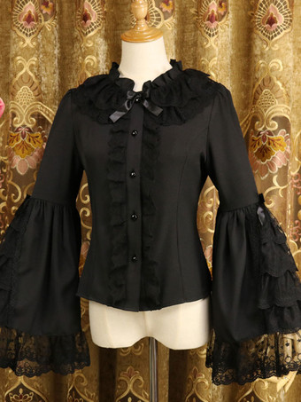 ブラック ロココロリータブラウスレーストリムフリルボウシフォンロリータブラウス