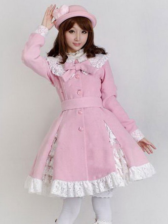 ピンク スウィートロリータオーバーコートレーストリムフリルボウウールロリータウィンターコート
