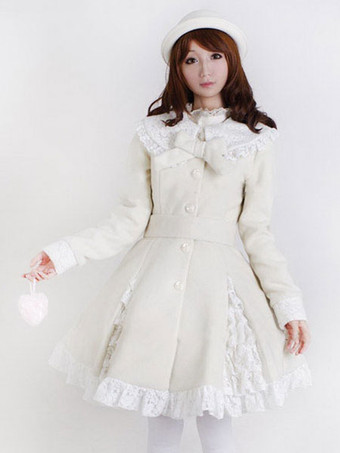 ホワイト スウィートロリータオーバーコートレーストリムフリルボウウールロリータウィンターコート