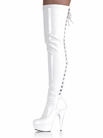 ホワイト レットセクシーなブーツ女性　2025　プラットフォーム　レースアップ　オーバーニーブーツハイヒール　ザハイブーツ